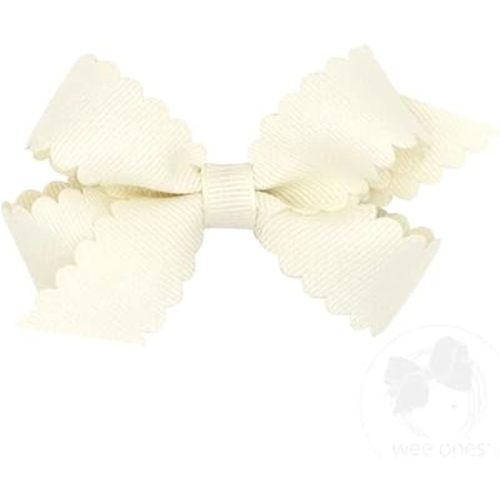 Wee Ones Girls' Classic Grosgrain Hair Bow with Scalloped Edges and Plain Wrap Center on a WeeStay Hair Clip, Mini, Antique White