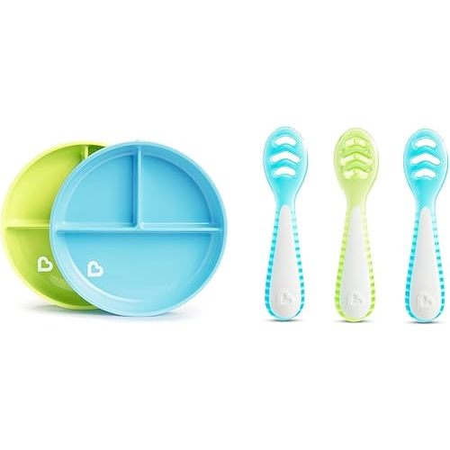 Munchkin® Stay PutTM Divided Toddler Plates and Gentle DipTM First Spoon Set for Baby Led Weaning, 3 Pack
