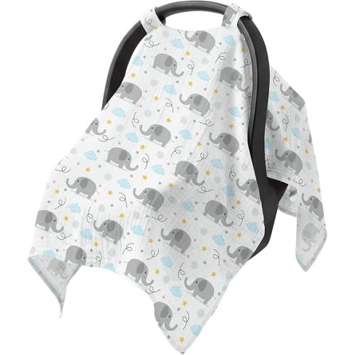 Resiprolty Baby Car Seat Cover - 100% Muslin Cotton Universal Breathable Canopies for Boys and Girls Soft Spring Summer Car Seat Cover Lightweight Infant Car Seat Canopy - Gray Elephants