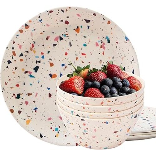Bamboo Plate and Bowl Set of 8 – Eco-Friendly Kids Dinnerware Bundle – BPA-Free, Lightweight & Dishwasher Safe – Ideal for Toddlers & Children (Confetti Design)