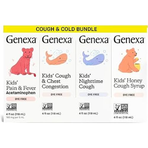 Genexa Kids' Clean Cough Medicine & Honey Cough Syrup, Pain & Fever Reducer Value 4-Pack, Dye Free, 0% Artificial Additives, Cough Care for Children, Fever & Pain Reliever, 16 fl oz (4 Bottles)