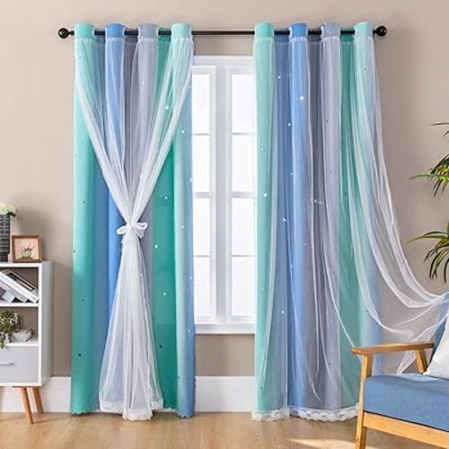 XiDi Curtains for Girls Bedroom Kids Room Unicorn Princess Theme Home Decor 84 inches Length Blue Green Grey, W34 X L84 2 Panels