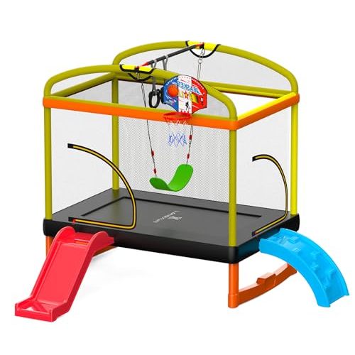 USPOINT 6.5ft Climb Slide Swing 7-in-1 Mini Rectangular Trampoline for Kids | Birthday Gift for Girls and Boys, Indoor Outdoor Toddler's Trampoline with Safety Net Enclosure, Padding, Zipper