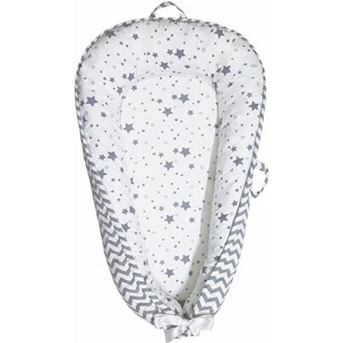 Baby Nest, Baby Lounger, Organic Cotton Lounger for Baby, Reversible Breathable Adjustable Portable - Star Collection (Gray)