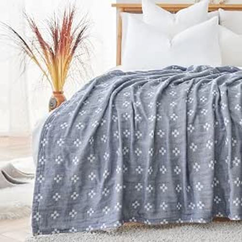 jinchan 100% Cotton Muslin Blanket Twin Boho Throw Blanket 60x80 Denim Blue | 3-Layer, Geometric Cross Quilt, Cooling Breathable Lightweight, for Adult, Soft, Reversible, Summer, Couch, Sofa, Bedroom