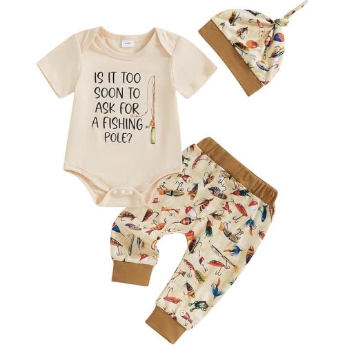 Daddys Little Buddy Baby Boy Outfit Letter Fish Print Long Sleeve Romper Camouflage Pants and Hat Fall Outfit