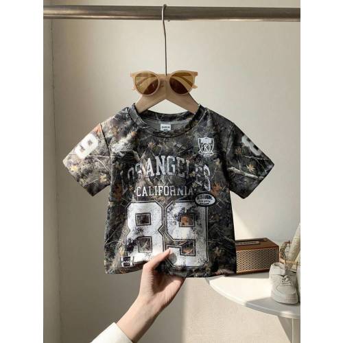 SHEIN Playful Pals Unisex Infant Camouflage Pattern American Slogan Casual Daily Sports Football Tee Shirt, Fashion Short Sleeve Top For Spring/Summer T Shirt Baby T Shirt Baby Boy T Shirt For Baby Boy | SHEIN USA