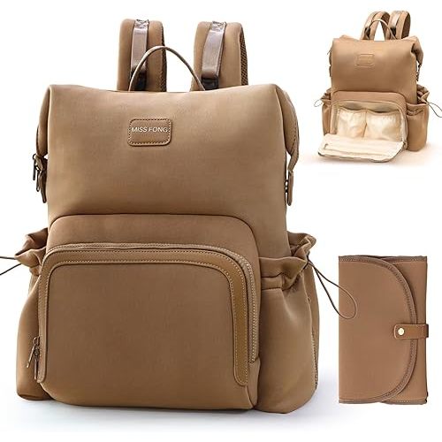 miss fong Diaper Bag Backpack - Baby Diaper Bag Neoprene Bag Large Capacity Neoprene Backpack with Diaper Changing Pad Pañaleras Para Bebe Baby Bag with 12 Pockets for Mom & Dad -Brown