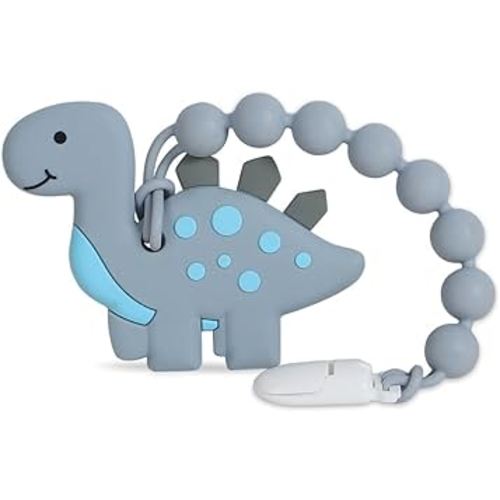 Baby Teething Toys,Food Grade Silicone Teether with One-Piece Pacifier Clip Holder,Shower Gift,Highly Effective Pain Relief for 3 Months+ Boy and Girl,BPA Free,Freezer Safe. (Dinosaur)