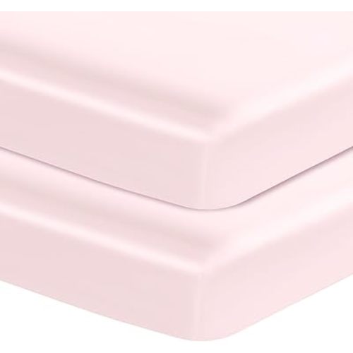 Entisn Satin Crib Sheets 2 Pack, 28 x 52 x 8 Inch Soft Fitted Crib Mattress Sheets for Baby Girls, Baby Pink Nursery Bedding Protect for Skin and Hair