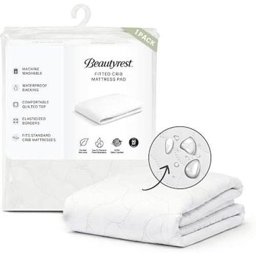 Beautyrest Kids Fitted Crib Mattress Pad | Waterproof | 52” x 28” | Machine Washable, White