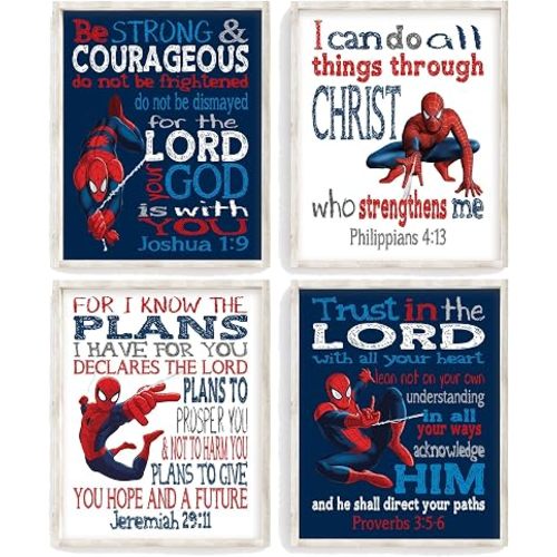 Pixie Paper Comic Style Superhero Christian Nursery Set of 4 Unframed Prints Red and Blue with Bible Verses