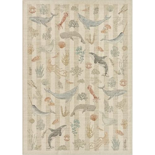 Whales Themed Soft Washable Faux Wool Stain Resistant Rug Rubber Non-Slip Backing for Playroom Bathroom Living Room Bedroom Bedside Beachy Cute Coastal Nautical Nursery Rug (Taupe, 5' x 7')