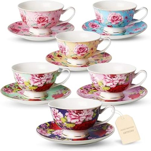 BTaT- Floral Tea Cups and Saucers, 8 oz, Set of 6