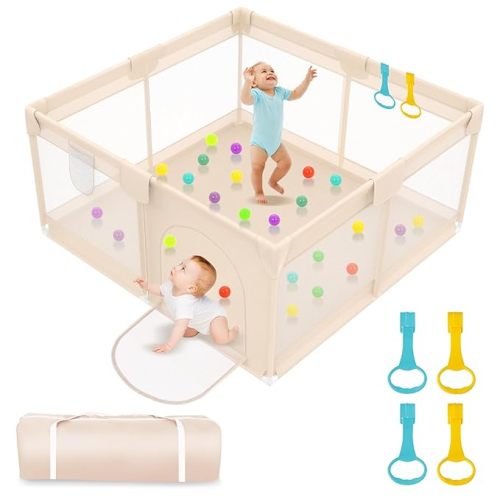 Playpen for Babies and Toddlers 50x50 inch - Baby Gate Playyard with Soft Breathable Mesh Cover - Indoor and Outdoor Baby Play Pen - Portable Playpen for Babies (Apricot)