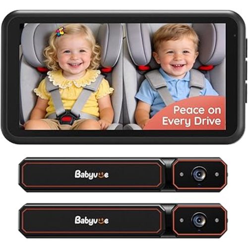 Babyvue BV6PRO Wireless Dual Car Camera Baby Monitor Fast Setup, HD1080P Spilt-Screen Baby Car Monitor for 2 Kids, Auto IR Night Vision Backseat Camera for Newborns Gift