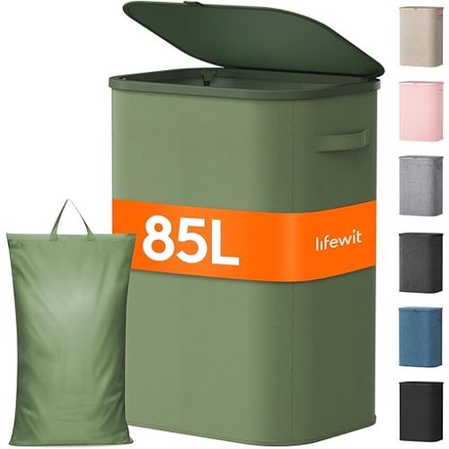 85L Large Laundry Basket with Lid, Laundry Hamper with Plastic Handles and Removable Bag - Olive