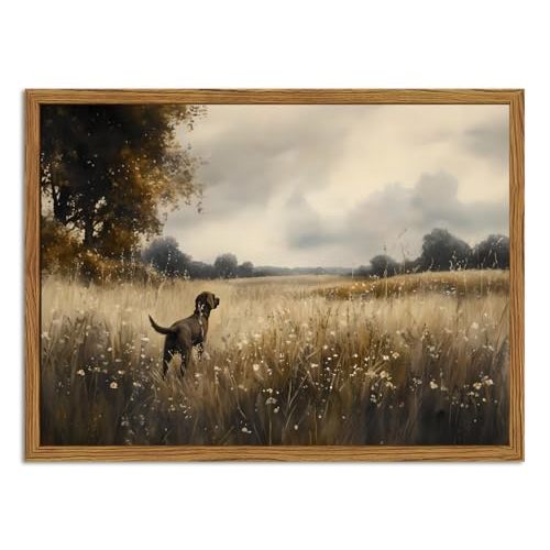 Framed Vintage Hunting Black Dog Wall Art, Rustic Country Landscape Pictures Wall Decor, Farmhouse Animal Paintings Canvas Prints for Home Living Room Bedroom 12x16 inch