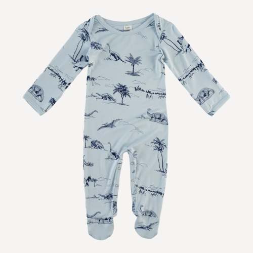 long sleeve lap neck footie | blue dino landscape | bamboo – kate quinn