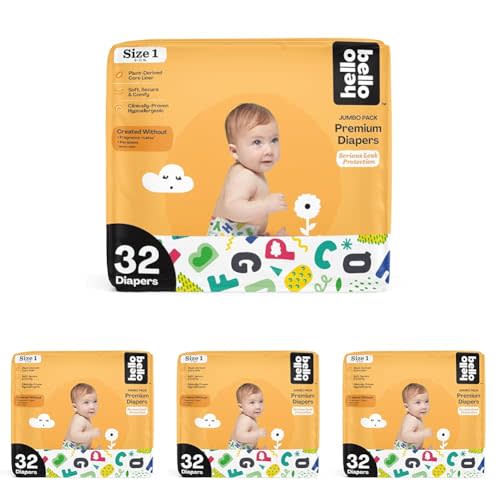 Hello Bello Premium Baby Diapers Size 1 I 32 Count of Disposable, Extra-Absorbent, Hypoallergenic Baby Diapers with Snug and Comfort Fit I Alphabet Soup (Pack of 4)