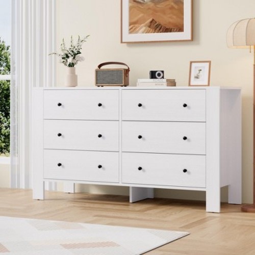 White 6 Drawer Dresser for Bedroom,Modern Double Dresser Organizer with Storage Drawers,Wooden Chests of Drawers for Bedroom,Entryway,Hallway