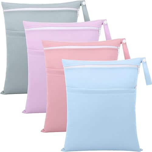 SATINIOR 4 Pack Wet Dry Bags for Baby Cloth Diapers Washable Travel Swimsuit Wet Bags Reusable with Two Zippered Pockets for Yoga Gym Beach Pool Soiled Items (12" X 14",Morandi Color)