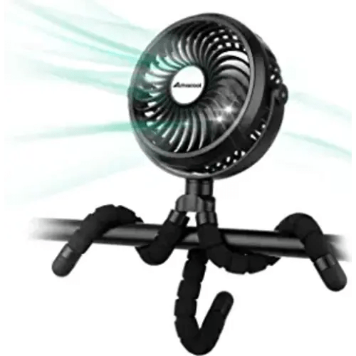 AMACOOL Battery Operated Stroller Fan Flexible Tripod Clip On Fan with 3 Speeds and Rotatable Handheld Personal Fan for Car Seat Crib Bike Treadmill (Black)