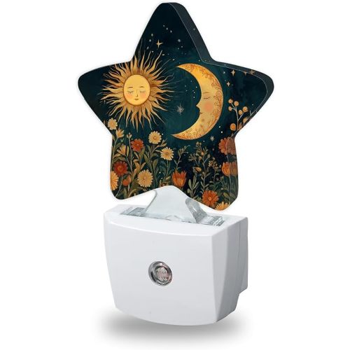 Energy Efficient Nightlights Plug in Wall, Boho Sun Moon Night Light for Kids Bedroom Decorative, Vintage Flowers Dusk-to-Dawn Sensor Sleep Friendly Lamp for Nursery Bathroom Basement