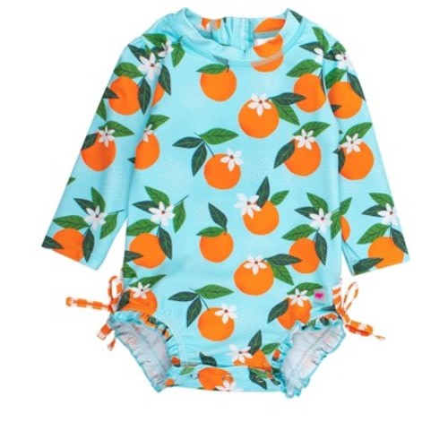 RuffleButts Baby Girls Orange You The Sweetest Long Sleeve UPF50+ One Piece Rash Guard - Blue Orange You The Sweetest, 3-6m
