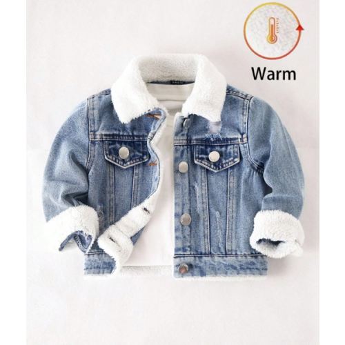 SHEIN Playful Pals Newborn Baby Boy Washed Casual Loose All-Match Denim Jacket & Coat, Turndown Collar, Lamb Wool Lining, Comfortable & Warm, Minimalist & Fashionable, Suitable For Autumn/Winter Fall | SHEIN USA