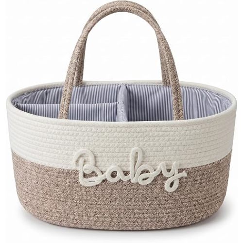 Baby Diaper Caddy Organizer with Removable Compartments, 18"L x 13"W x 9"H Super Large, 100% Handmade Woven Cotton Rope, Portable Nursery Storage Basket for Car and Changing Table, Shower Newborn Gift