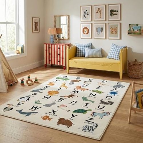 Rug Branch Atlas Learning Washable Kids Area Rug 4' x 6' White & Beige