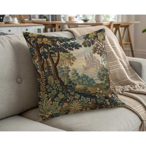 Enchanted Castle Pillow: Medieval Forest Landscape Home Decor