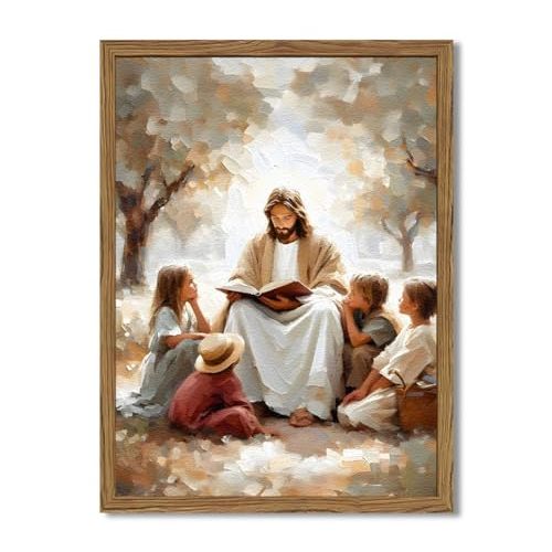 Framed Jesus With Children Wall Art, 3D Textured Christian Jesus Teaching Kids Wall Decor Paintings, Hand-Drawn Sandstone Religious Pictures Home Decor for Living Room Bedroom Prayer Room 12x16 inch
