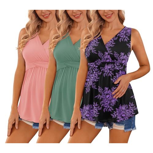 Ekouaer Women's Maternity Tank Tops 3 Packs Sleeveless Nursing Tops V Neck Breastfeeding Shirts Pregnancy Clothes