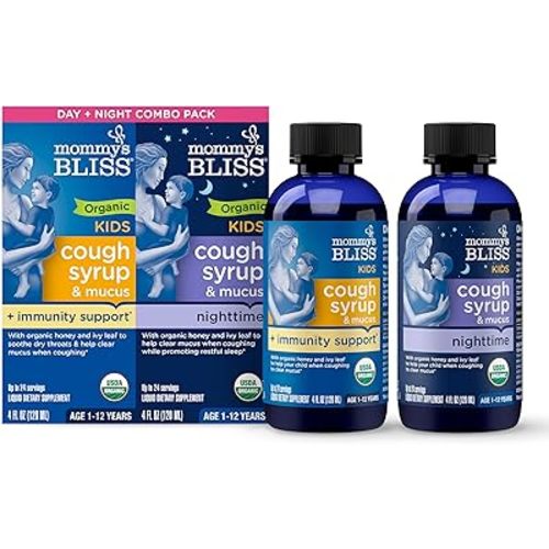 Mommy's Bliss Organic Cough Syrup & Mucus for Kids, Day and Night Combo Pack with Elderberry, Vitamin C and Immunity Support, Contains Organic Honey & Ivy Leaf, 4 Fl Oz (Pack of 2)