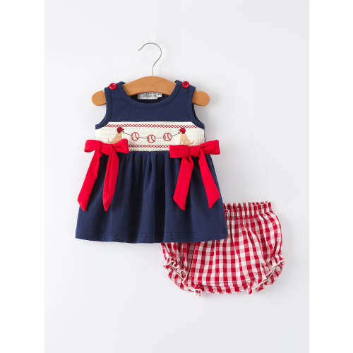 Baby Girls Bloomers Romper Set – Dog Baseball Smocking Embroidery Outf – Rylee Faith Designs