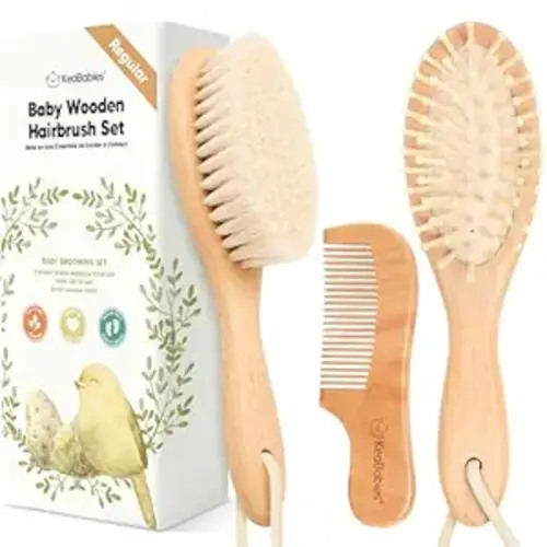 Baby Hair Brush Set for Newborns - Soft Goat Bristle Wooden Baby Brush and Comb Set Newborn Grooming Kit for Cradle Cap, Durable & Gentle, Boy, Girl Infant Essentials Care Kit Brush (Regular, Walnut)