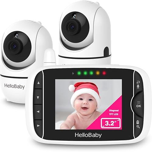 HelloBaby Baby Monitor, Video Baby Monitor with 2 Cameras Remote Pan-Tilt-Zoom, 3.2 inches Screen, Infrared Night Vision, Two Way Audio, Temperature Display, Smart VOX Mode