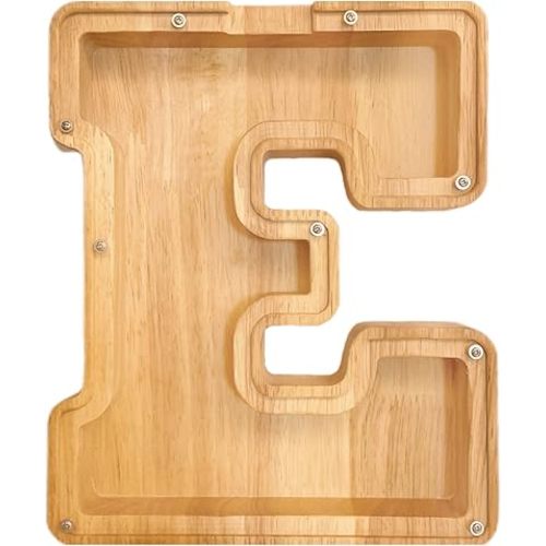Twenty-six English Alphabet A-Z Letter Piggy Bank,Large-Capacity Transparent Wooden Alphabet Piggy Bank,Personalized Coin Savings Box, Name DIY Creative Purchase Combination.(E)