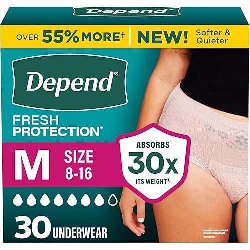 Depend Fresh Protection Adult Diapers, Incontinence & Postpartum Bladder Leak Underwear for Women, Disposable, Maximum, Medium, Blush, 30 Count, Packaging May Vary