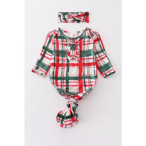 Abby & Evie Girl's Boutique Red And Green Plaid Print Christmas Baby Knot One Piece Outfit And Matching Headband