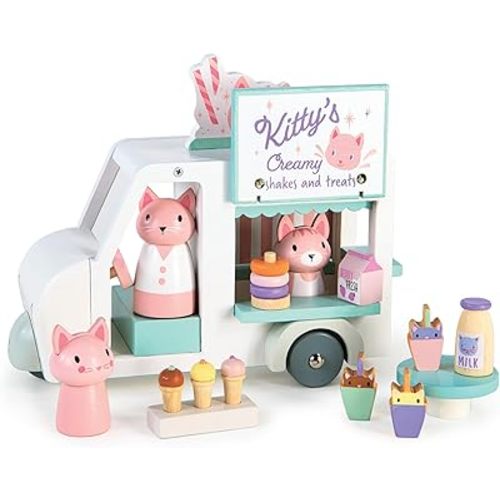 Tender Leaf Toys - Kitty’s Milkshake Van - Wood Pretend Play Food Truck on Wheels with Cats, Milkshakes, Ice Cream, Doughnuts and Accessories - Encourages Imaginative Play and Storytelling - Age 3+