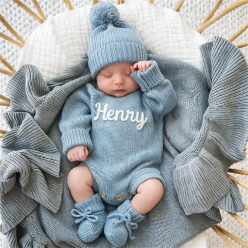 Personalized Knit Baby Romper, Custom Name Newborn Outfit, Baby Shower Gift, Coming Home Outfit, Newborn Photo Prop