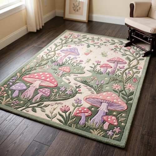 Enchanted Fairycore Sage Green Pink Wool Rug | Hand Tufted Woodland Forest Nursery Carpet