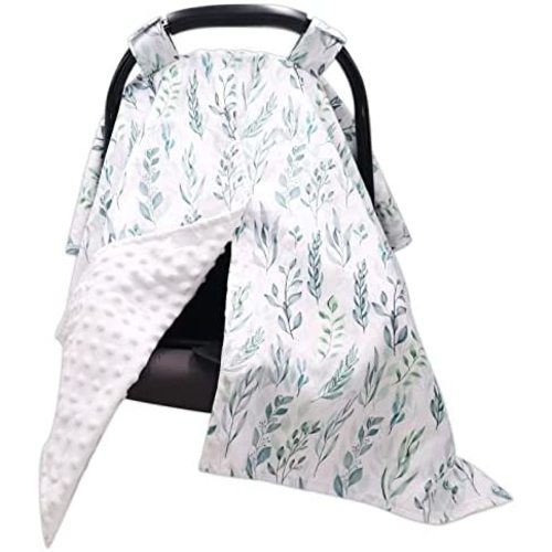 Car Seat Covers for Babies, Peekaboo Opening Infant Car Seat Canopy for Baby Boys Girls, 2 in 1 Mom Nursing Breastfeeding Covers, Minky Warm Carseat Canopy for Newborn, Green Leaf