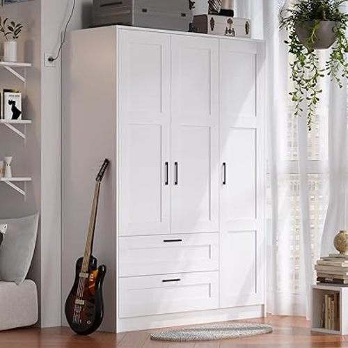 3 Doors Wooden Wardrobe Closet Armoire, White Storage Cabinet for Hanging Clothes, Bedroom Large Capacity Freestanding Armoire,Wood Wardrobe Combination with Shelves (2drawer, White)