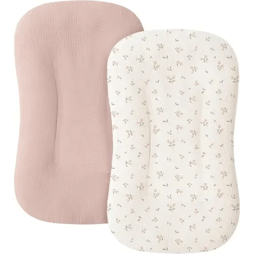 Muslin Baby Lounger Cover for Newborn & Infant, 100% Cotton Soft and Breathable Lounger Slipcover for Baby Girls and Boys, Pack of 2 (Pink Blossom)