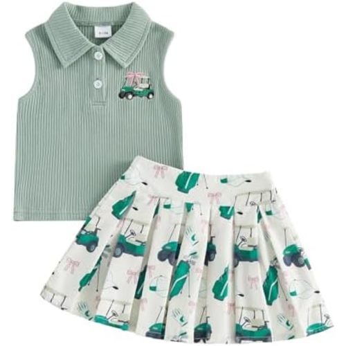 Toddler Baby Girl Golf Outfit Golf Sleeveless Polo T-shirt Tops Pleated Mini Skirt Set Cute Girl Summer Clothes