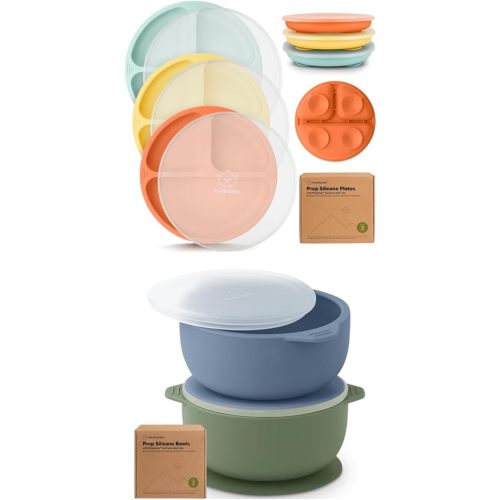 KeaBabies 3-Pack Suction Plates with Lids for Baby and 2-Pack Baby Bowls with Suctions, Lids - 100% Silicone Plates for Kids, Toddler Plates - Silicone Bowls for Boy, Girl